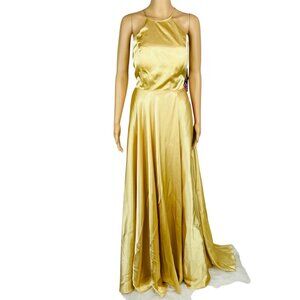Blondie Nites Gold Maxi Gown Formal Size 9 Gold Crisscross Back Satin Romance